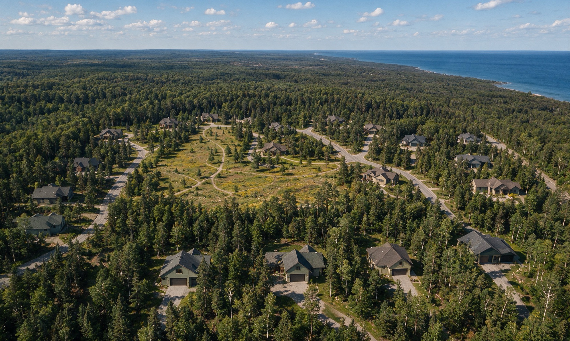 Aerial view of the wooded Whispering Pines land with Lake Superior beyond